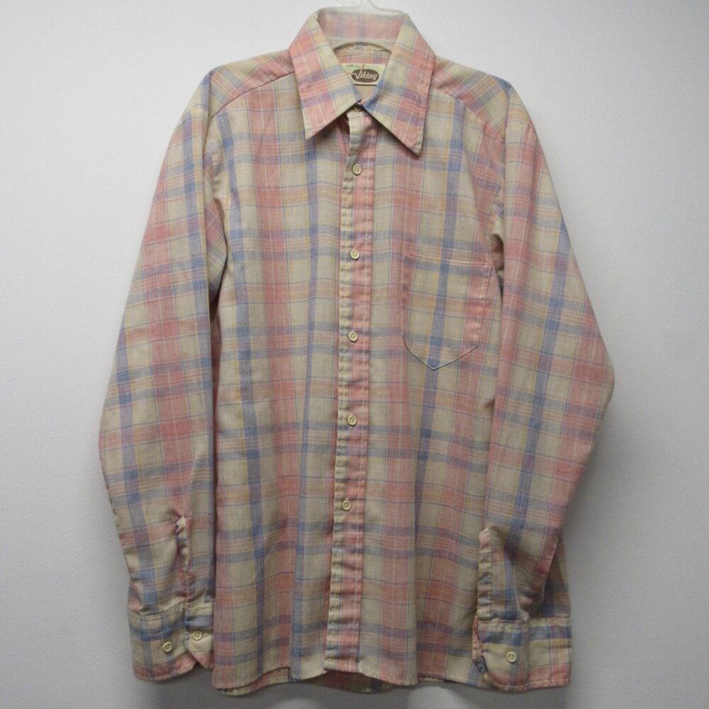 Vintage 70's VIKING Beige Pink Blue Plaid Western Shirt Men's sz M 15 15 1/2